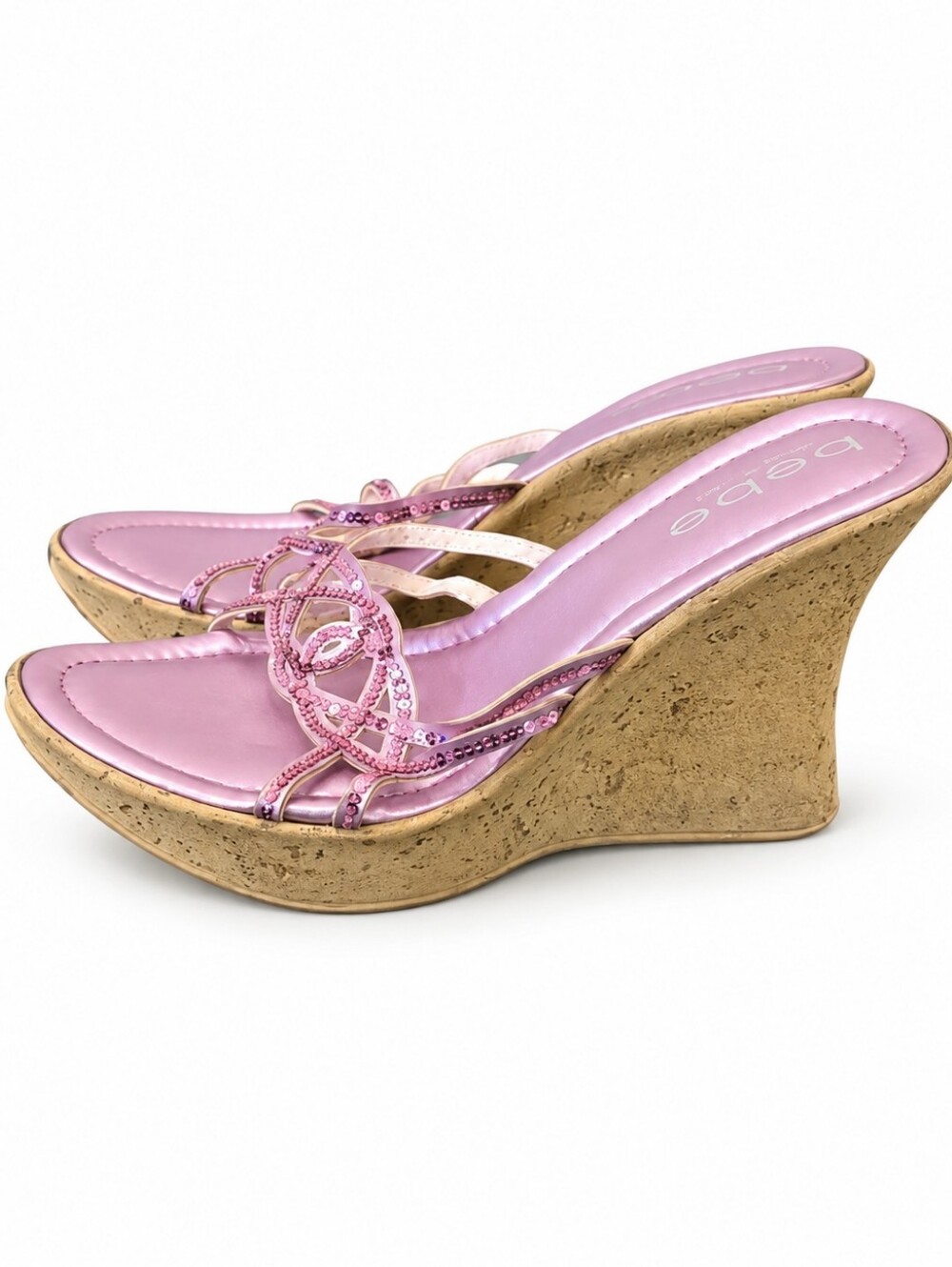 bebe Pink Sequin Embellished Cork Wedge Sandals Size 9 Y2K